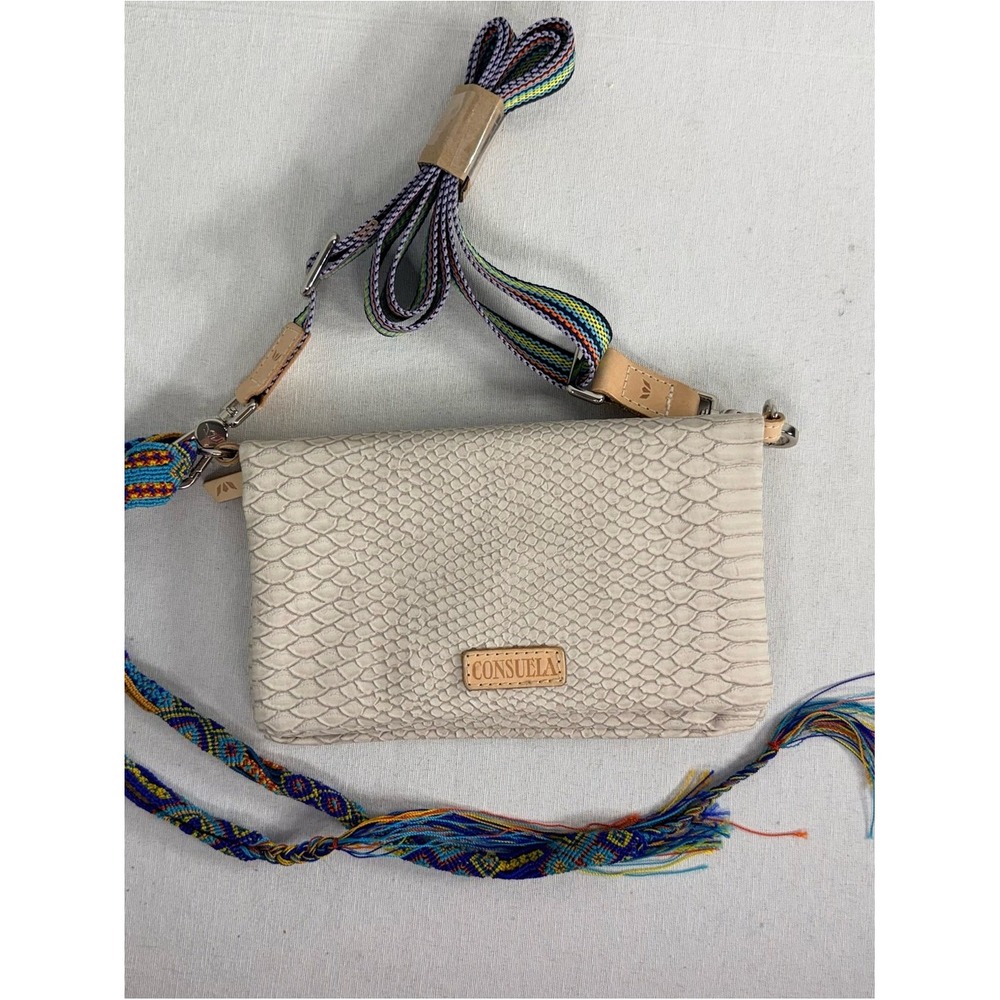 Consuela Snakeskin Embossed Crossbody Wallet Bag Woven Strap Cream